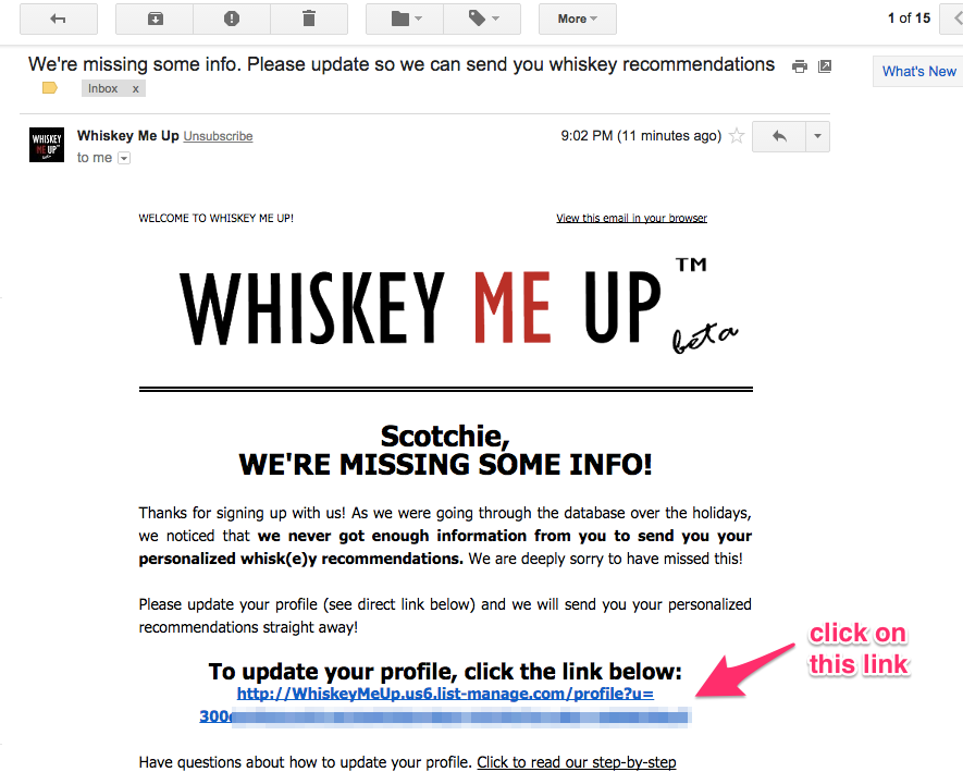 Whiskey Me Up email to update signup profile